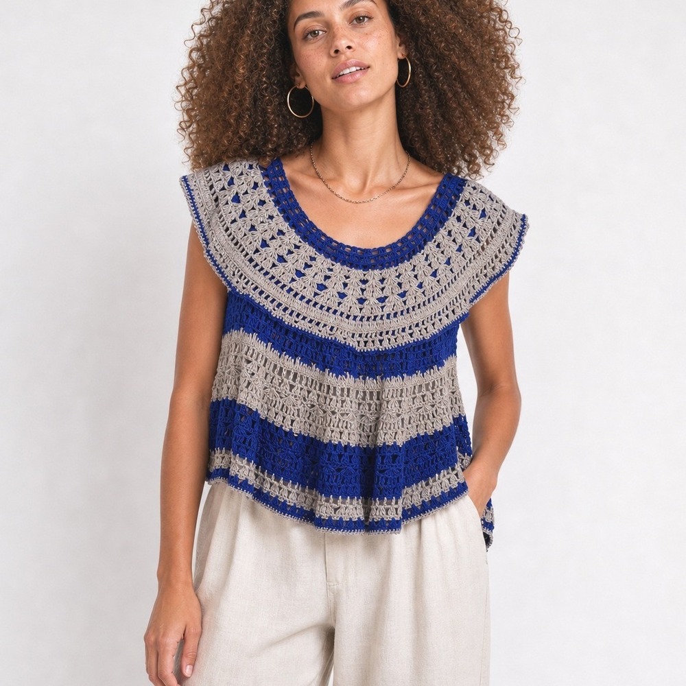 Crochet Top Royal Blue Gray Striped Boho Festival Handmade